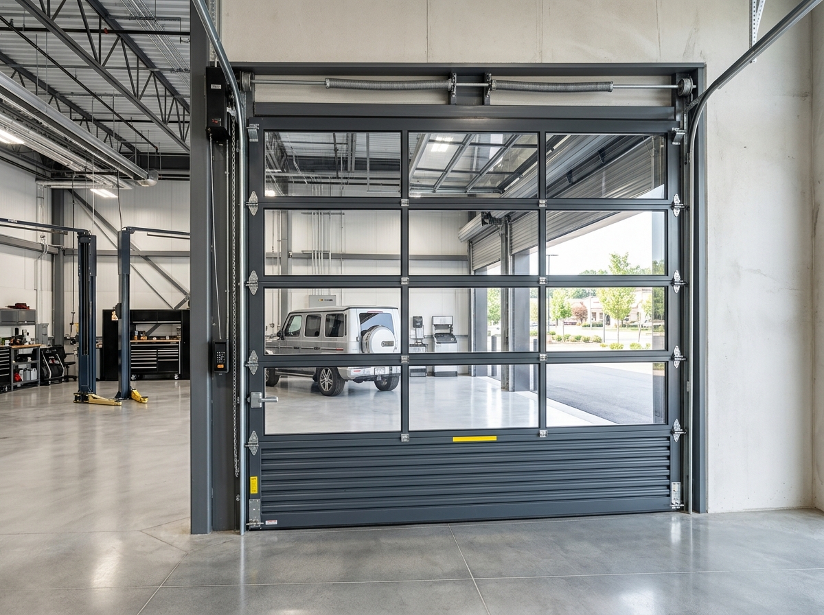 Puertas seccionales industriales con paneles de cristal para taller automotriz